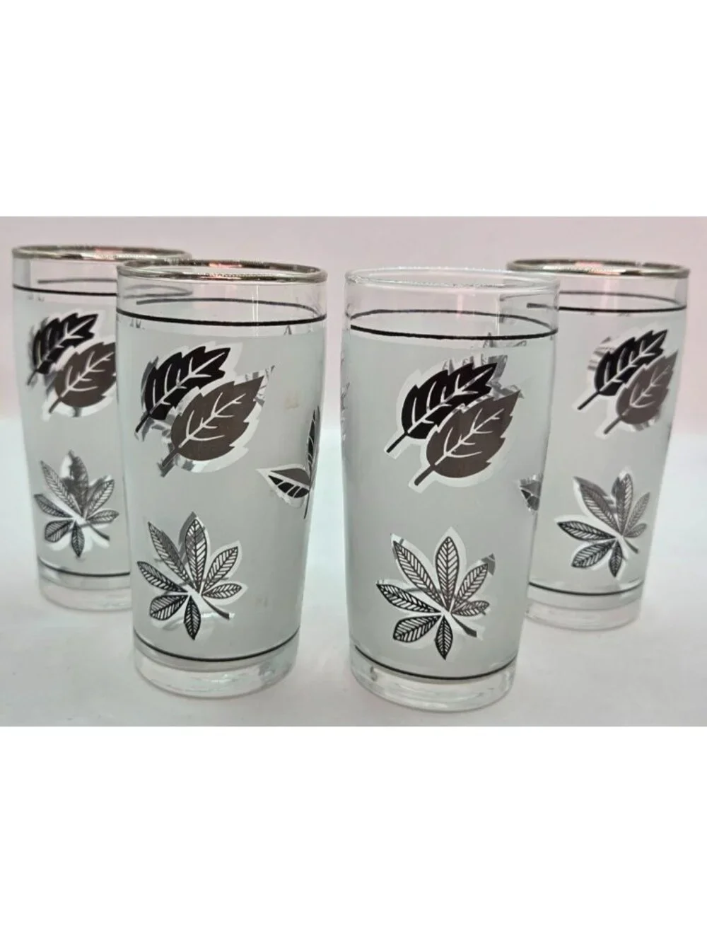 Vtg Silver Leaf Foliage Highball Glasses Metallic Rim 4" Tall Set of 4 MCM - Picture 3 of 6